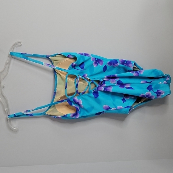 Sessa Turquoise blue & purple floral print one piece Swimsuit Strappy Back 14 - Picture 8 of 11